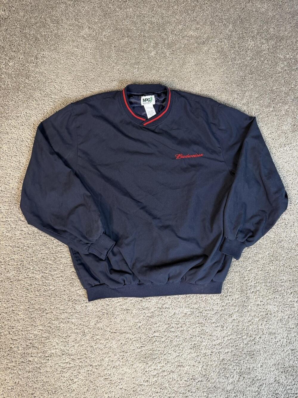 Budweiser Jacket Mens XL Blue Bomber Fleece Lined Elastic Waist Embroidered Logo
